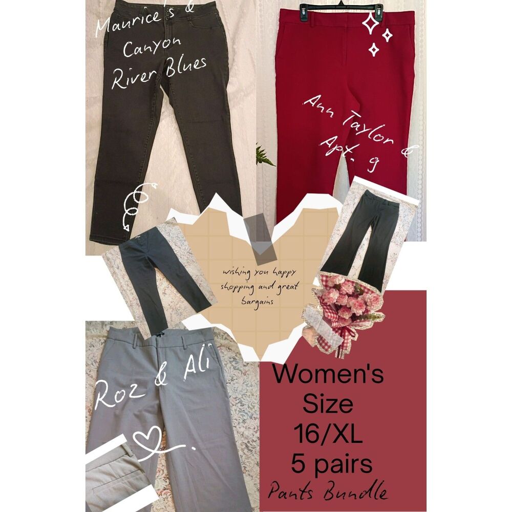 Women's XL/16 Pants Bundle, Dress And Casual Pant, 5 Pairs, Multiple Brands